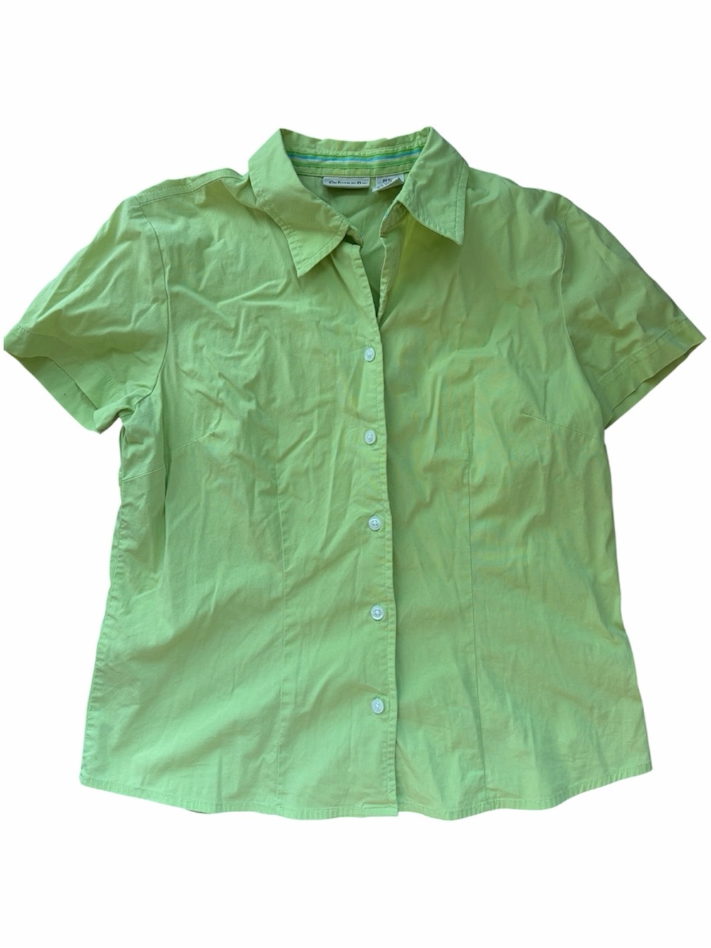 St. John’s Bay Lime Green Short Sleeve Button Up Shirt Top Cotton Fitted Y2K